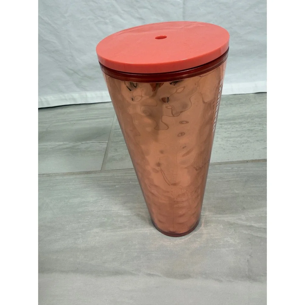 Starbucks Rose Gold Copper Hammered Texture Cold Cup Tumbler 24oz Venti No Straw